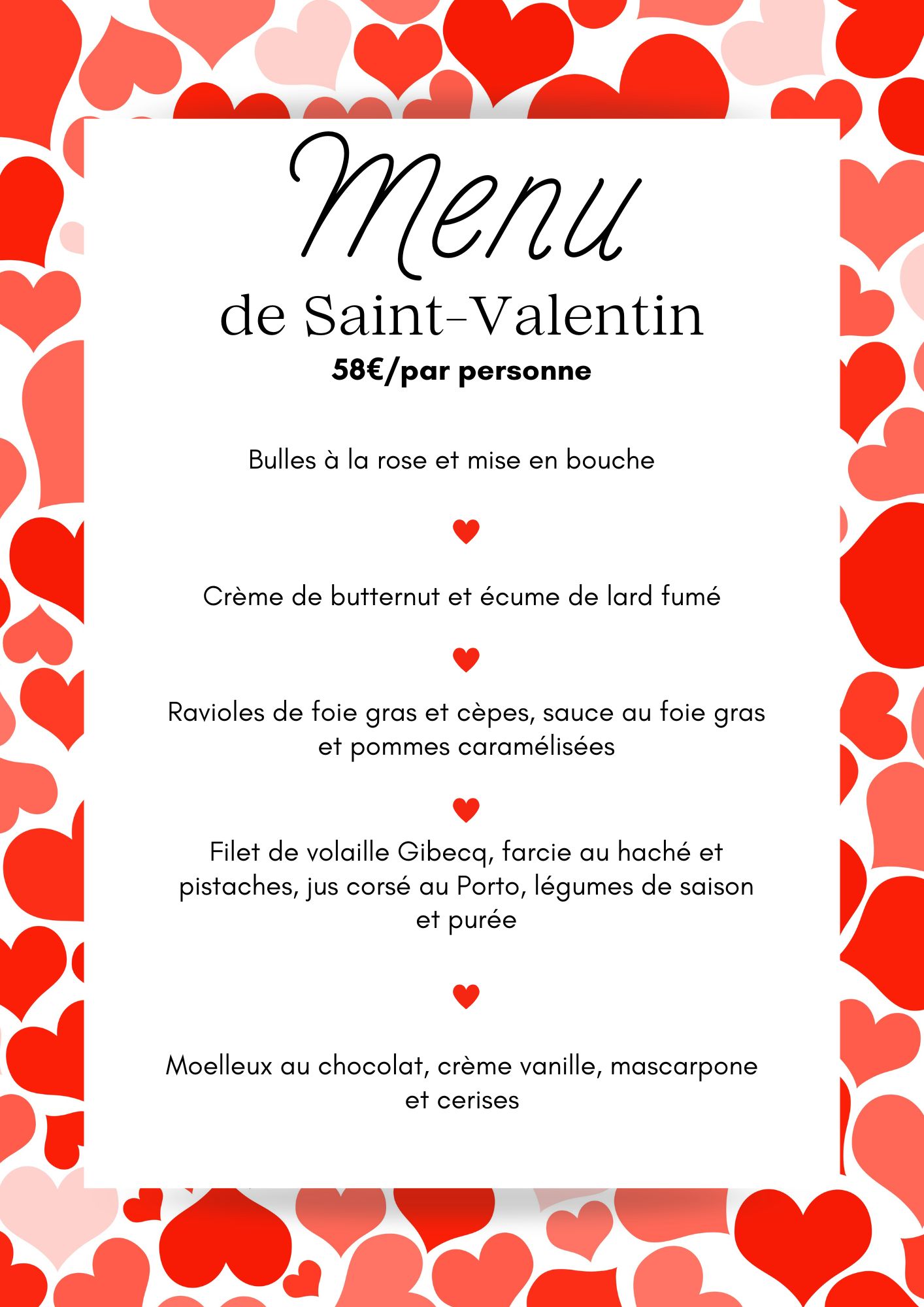 Menu spécial Saint Valentin